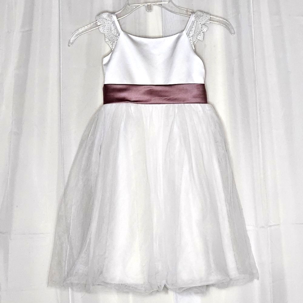 David's Bridal White Layered Tulle Back Bow Flower Girl Communion Party Dress